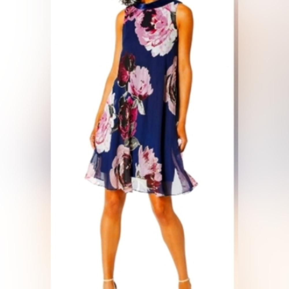 Blue floral Asymmetric chiffon sleeveless overlay Midi dress Size 8 S.L. Fashion